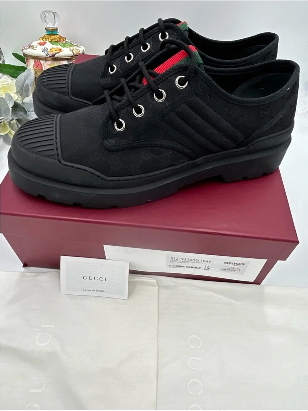 Men’s Gucci, GG monogram, web stripe canvas lug sole boot size 13 made in Italy